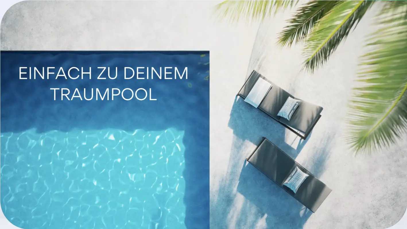 Rechteckiges Schwimmbecken mit zwei Sonnenliegen und Palmenblättern in der Draufsicht